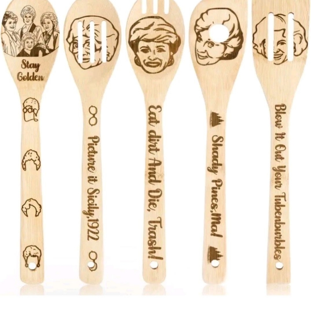 5 PC Golden Girls Inspired Full Size Wooden Spoon Set, NEW, Bamboo, Nostalgic
